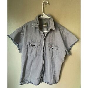 Vtg Striped Workwear Size M, Shirt Frayed Hem Distressed Cut off Sleeve Menswear